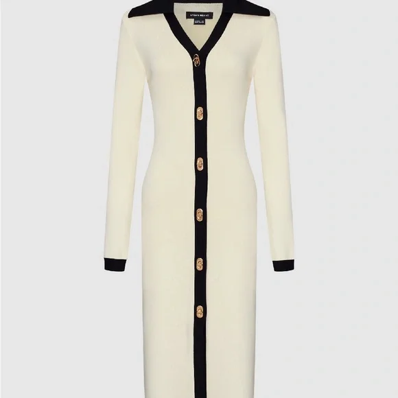 Urban Revivo luxe Ivory off white & black contrast midi dress twist lock buttons - Picture 9 of 10